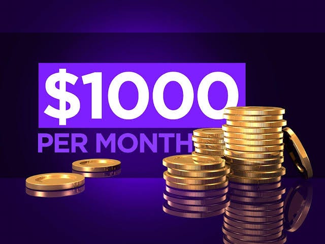 Banner-style image showing'$1000 PER MONTH' in bold white text on a purple background with stacked gold coins on the right, implying earnings".trim()