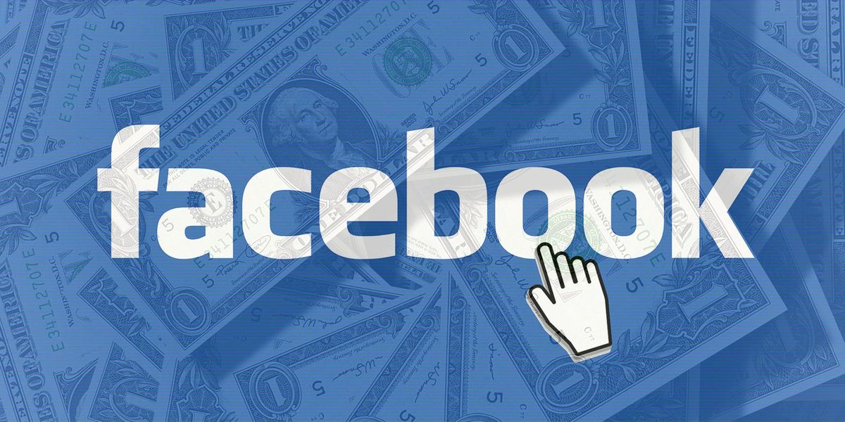 Facebook logo over a blue money background with a clicking hand cursor, conveying online advertising or revenue theme.