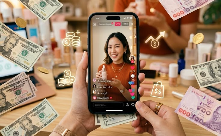 Smartphone held by hands shows a smiling influencer live‑streaming a beauty product as dollar icons float around.