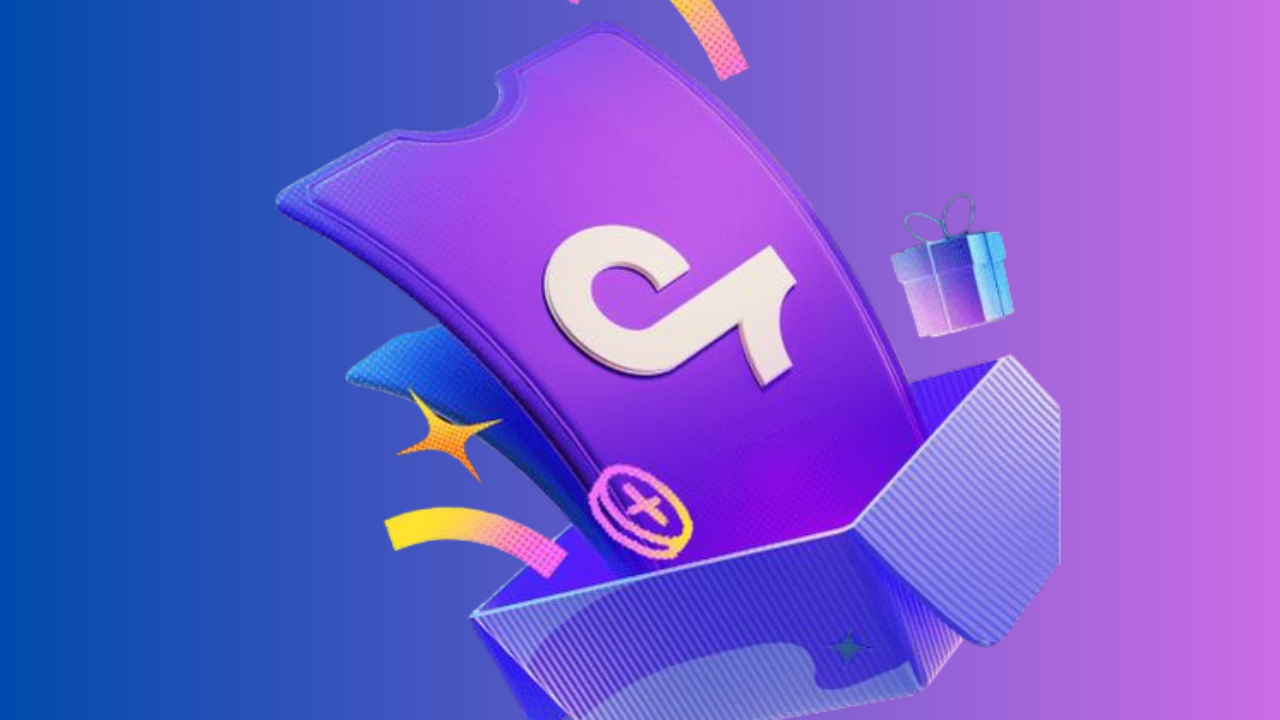 Purple gift card popping out of an open blue box on a blue-to-pink gradient background.