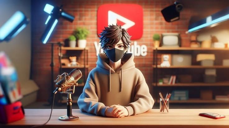 Illustrated streamer wearing a mask and hoodie sits at a desk with a microphone in a YouTube studio backdrop.