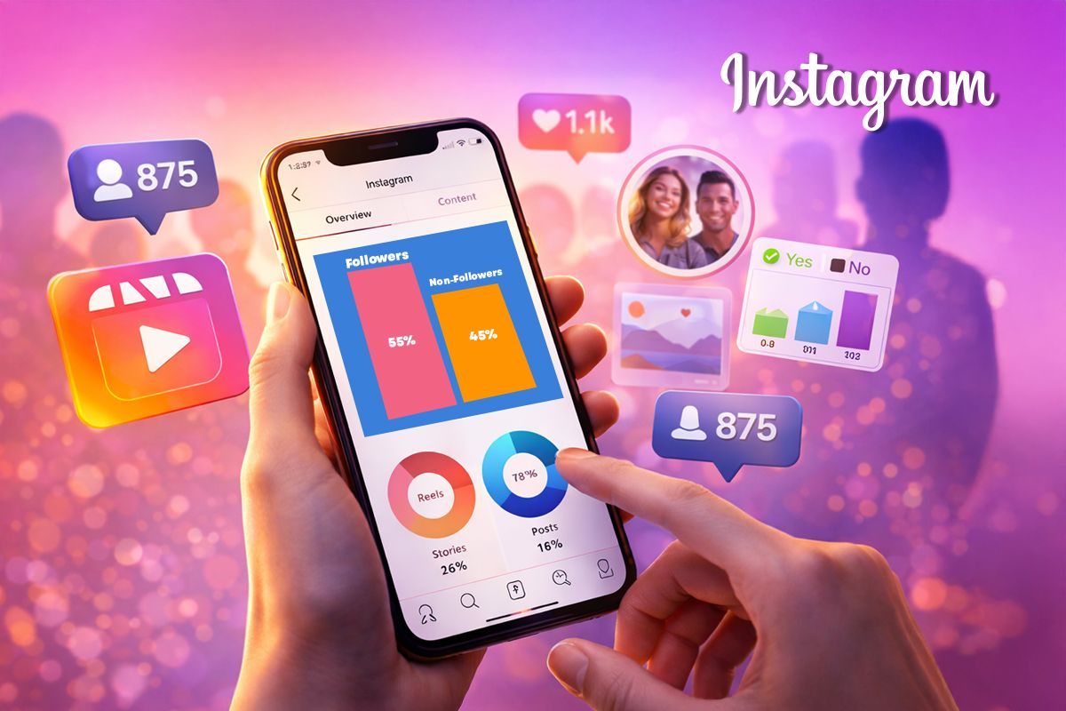 Phone displaying an Instagram analytics dashboard with followers, engagement charts, and round graphs amidst floating icons and a purple-pink background.