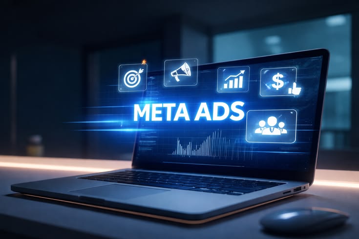 Laptop screen glows blue with the words META ADS and marketing icons (target, megaphone, growth, dollar, group) illustrating digital advertising tools.