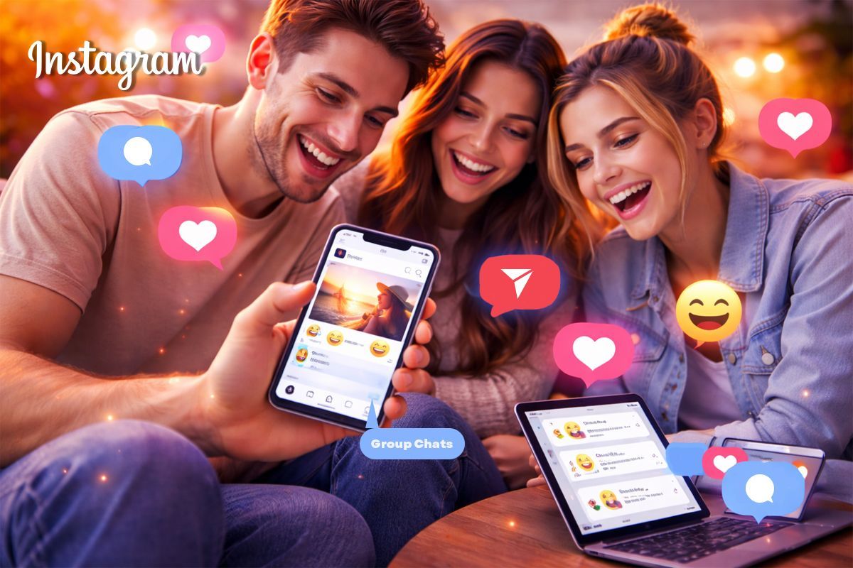Three friends smiling and looking at a phone displaying a social media app with chat bubbles and a'Group Chats' label.