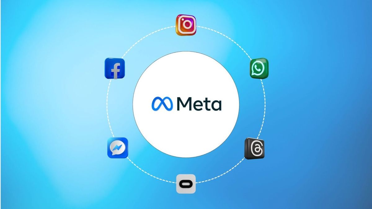 Meta logo at center with a circular ring of app icons (Facebook, Instagram, WhatsApp, Messenger) on a blue gradient background.