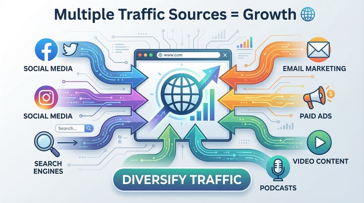 Infographic showing multiple traffic sources feeding a central globe to illustrate diversifying website traffic, with labeled arrows for each channel.