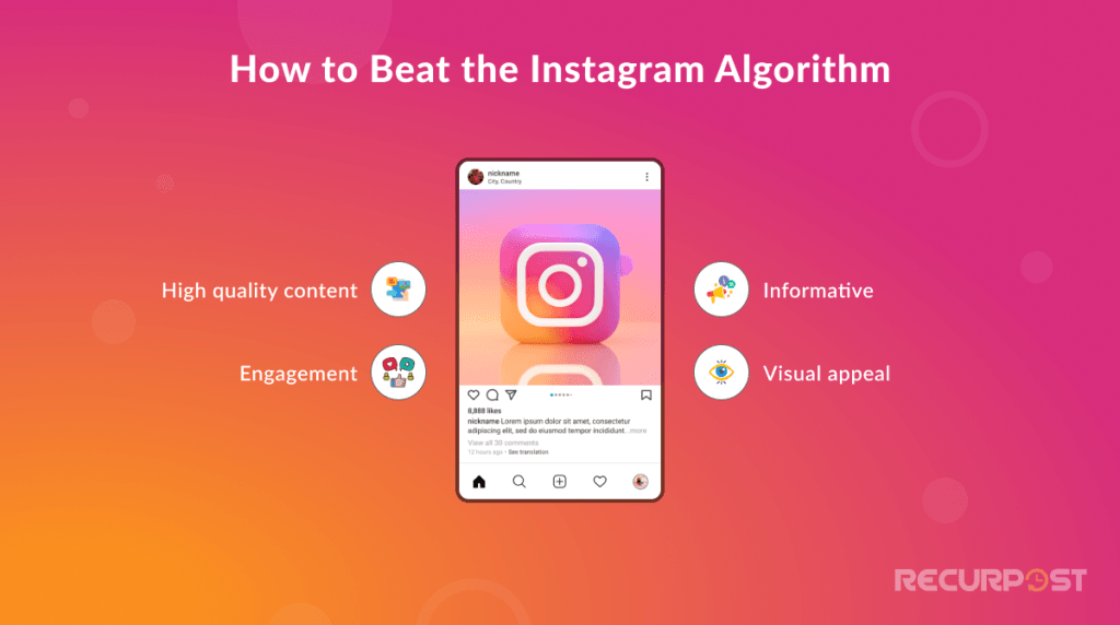 Graphic titled'How to Beat the Instagram Algorithm' showing a phone mockup with an Instagram post and four benefit labels: high quality content, engagement, informative, visual appeal.