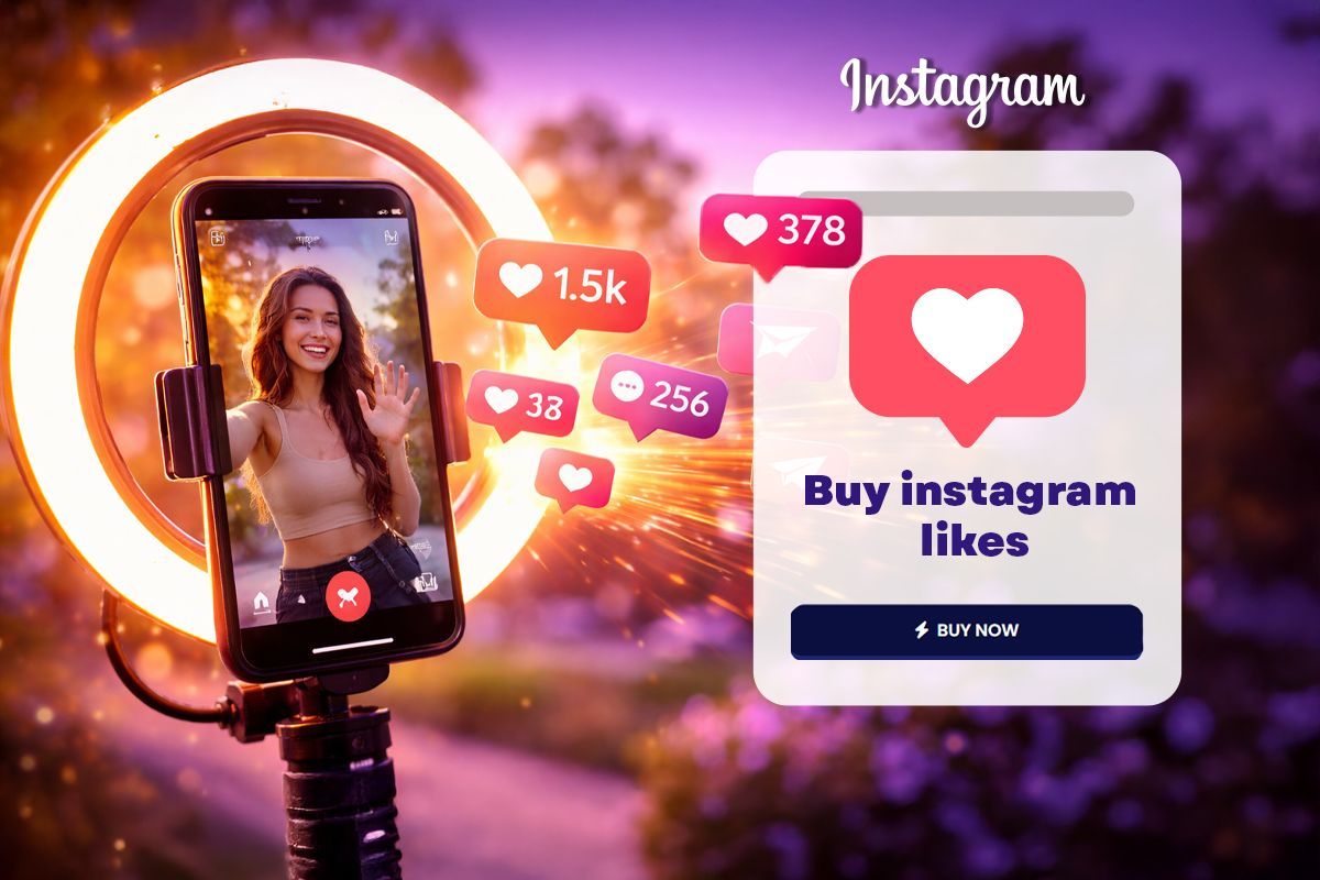 Ring light setup with a phone showing a smiling woman, surrounded by floating like icons, promoting'Buy Instagram likes' with a'BUY NOW' button