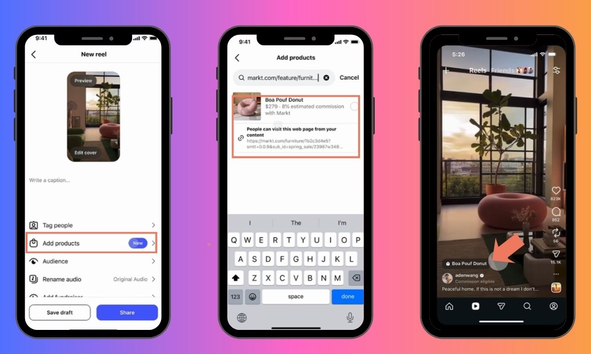 Triptych of three iPhone screens showing Instagram Reels: adding products to a reel, including the'Add products' option and a product link, then a reel with a product tag and on-screen controls.