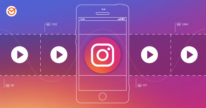 Outline of a smartphone on a purple‑orange gradient with the Instagram logo centered and circular video play icons on both sides.