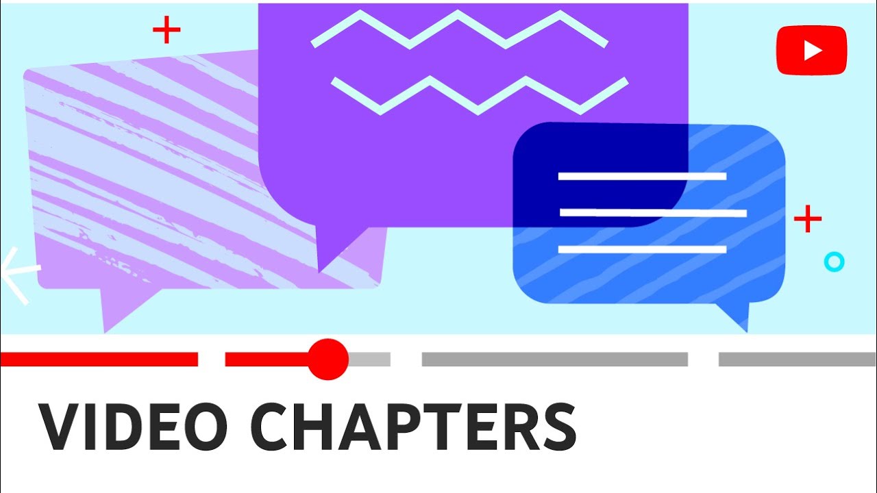 Bright abstract illustration with overlapping purple and blue speech bubbles, a YouTube logo, and the caption'VIDEO CHAPTERS' at the bottom.