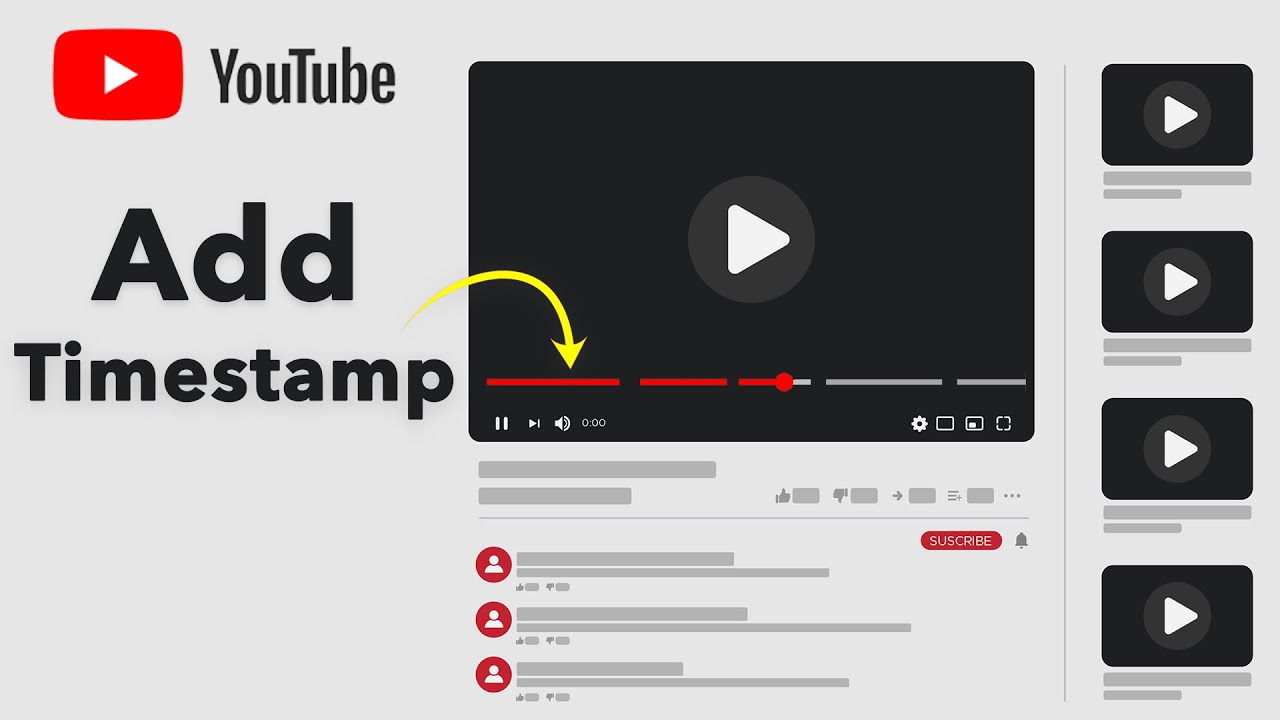 YouTube mockup showing a video page with large'Add Timestamp' text, main video player, red progress bar, and a vertical list of recommended videos on the right.