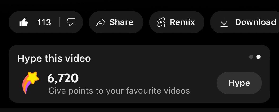 Dark UI card reading'Hype this video' with a yellow star icon and 6,720 points; subtitle'Give points to your favourite videos'; a rounded'Hype' button on the right.