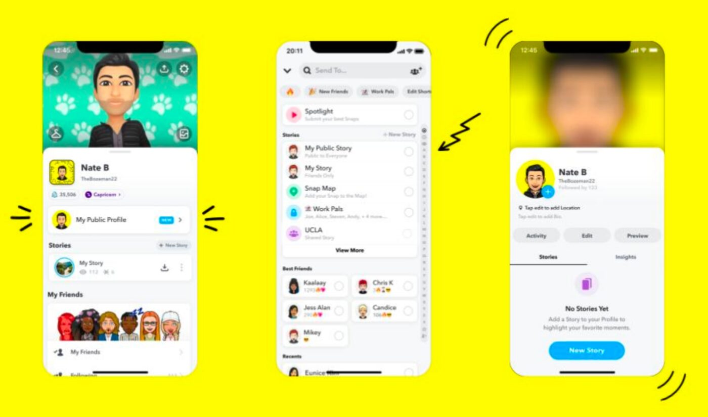 Three smartphones on a bright yellow background show a social app profile flow for Nate B: profile, friends/stories, and a No Stories Yet screen.