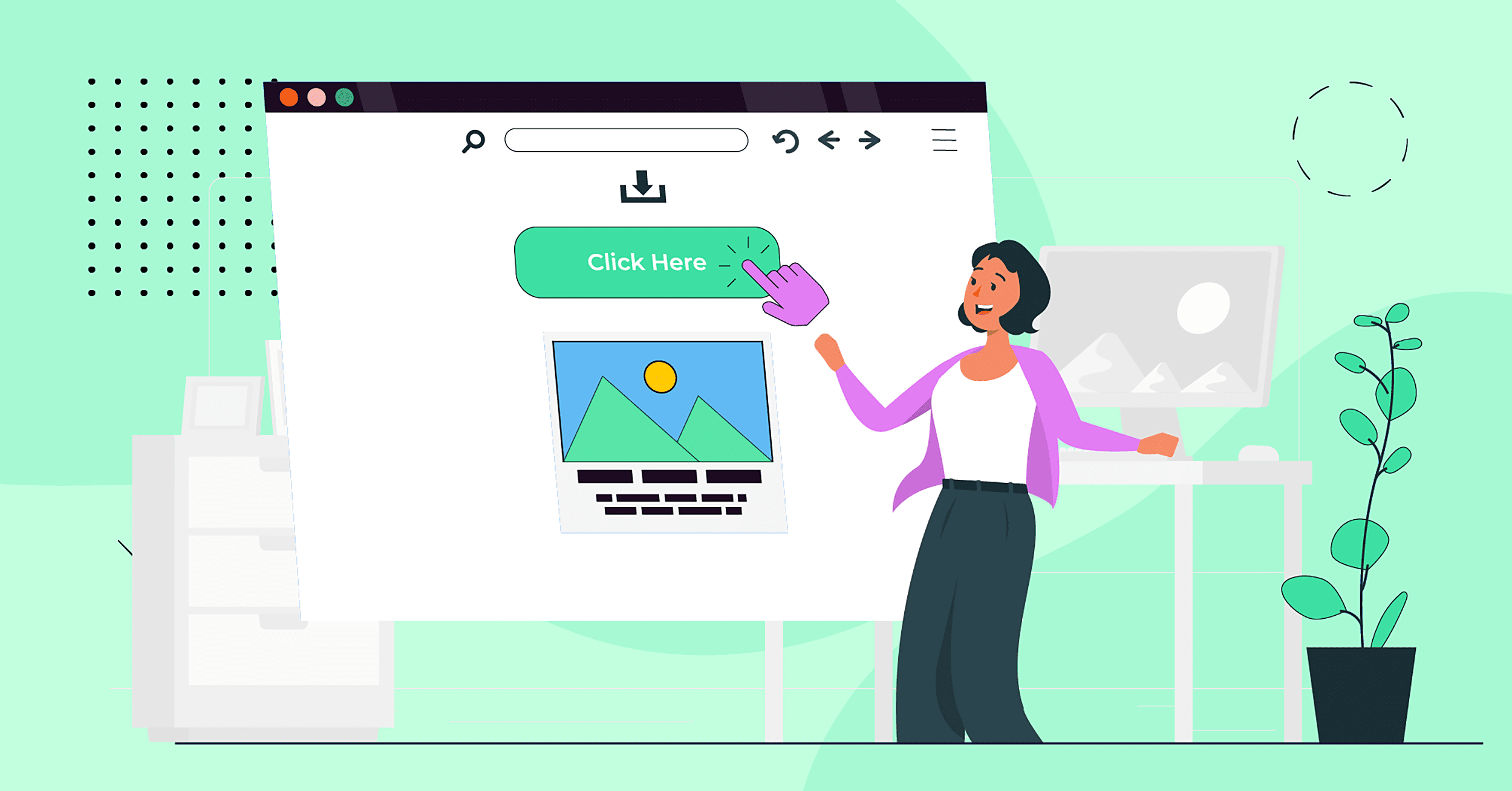 Presenter beside a large web page mockup showing a green'Click Here' button and a pointed cursor.