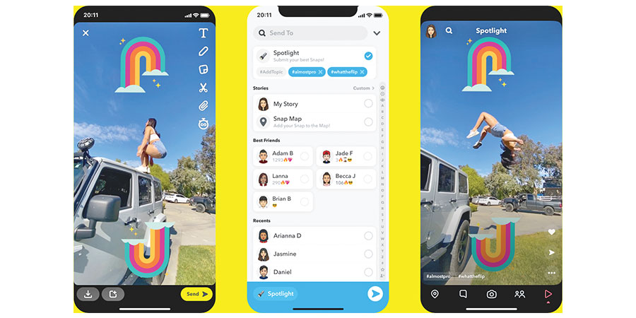 Three smartphone screens on a bright yellow background showing a social app: left and right screens display a park scene with a rainbow sticker and a person jumping near a car; center screen shows a chat/story feed with avatars and UI elements.