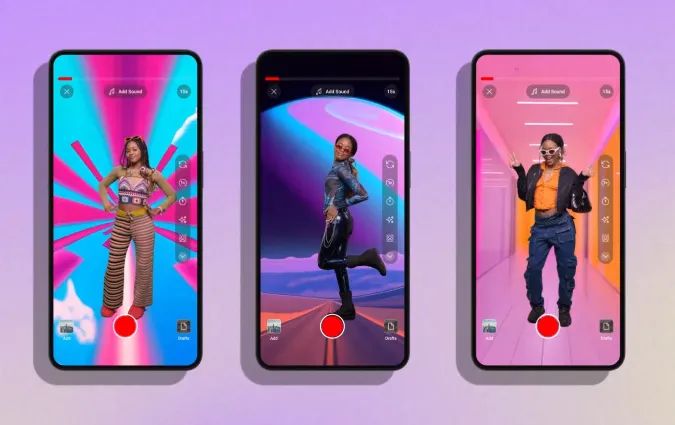 Three smartphones stand upright, each showing a dancer against vibrant neon backgrounds, as if recording a music video.