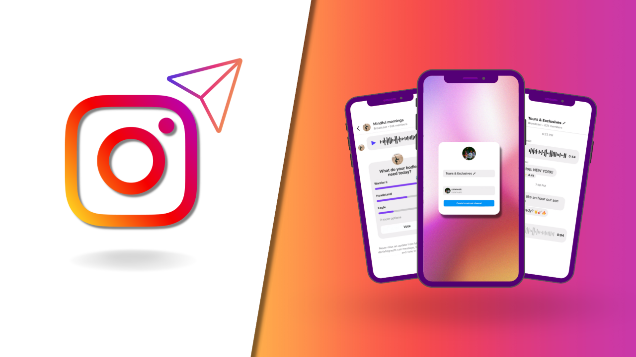 Instagram logo with a paper plane icon on white, beside a gradient background showing three iPhones with messaging screens.