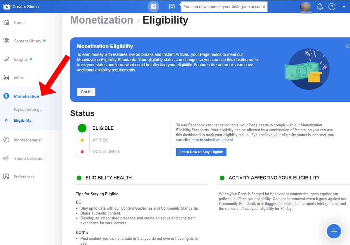 Screenshot of Facebook Creator Studio showing Monetization > Eligibility with a blue info banner and a left navigation menu labeled Monetization and Eligibility, plus Status indicators (green for Eligible).