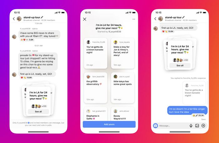 Three iPhone screens on a pink–orange gradient background showing Instagram Direct messages about a stand-up tour, inviting fans to share their own clips, with an'Add yours' prompt on the middle screen.