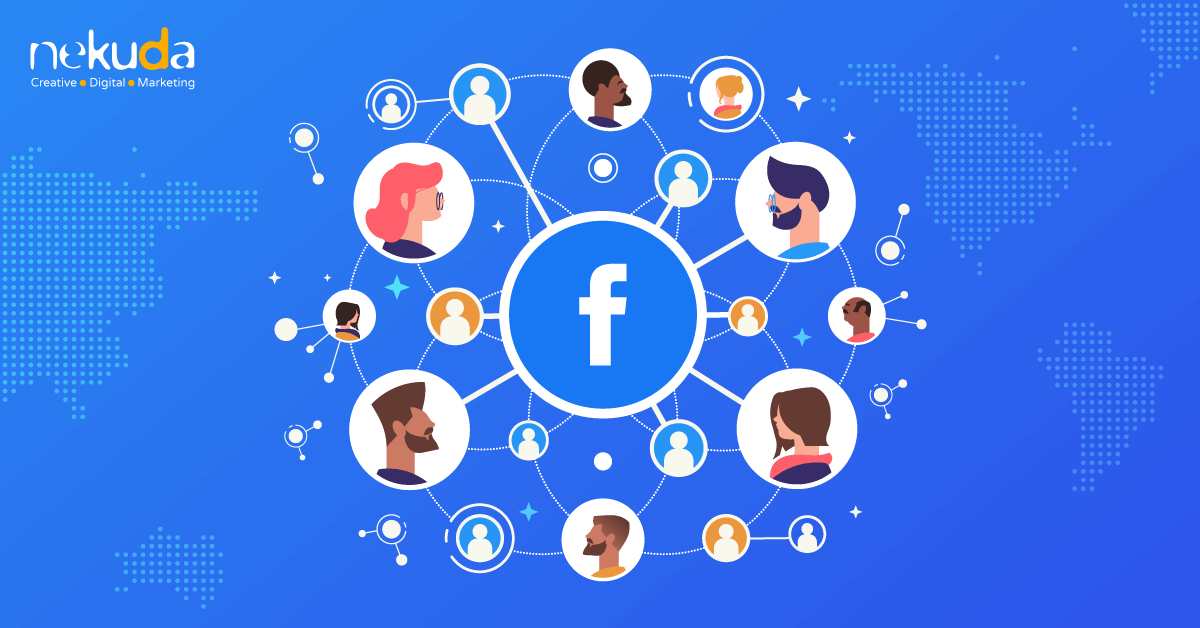 Central blue circle with Facebook'f' connected to multiple user avatars in circular nodes, forming a global network on a blue gradient background (Nekuda logo top-left).