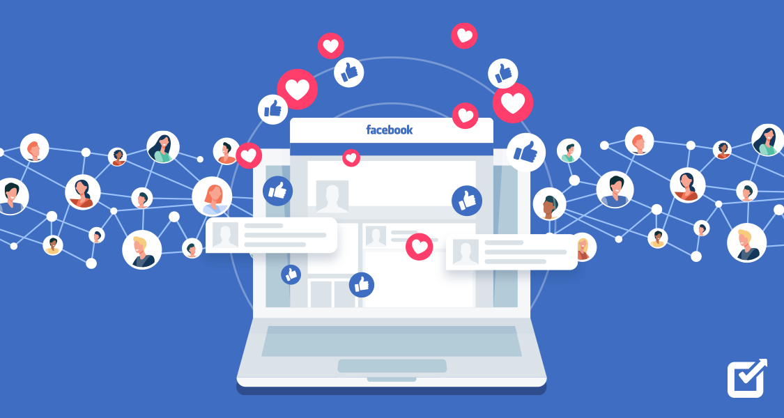 Laptop displaying a Facebook page with floating like icons and connected user avatars symbolizing social engagement.