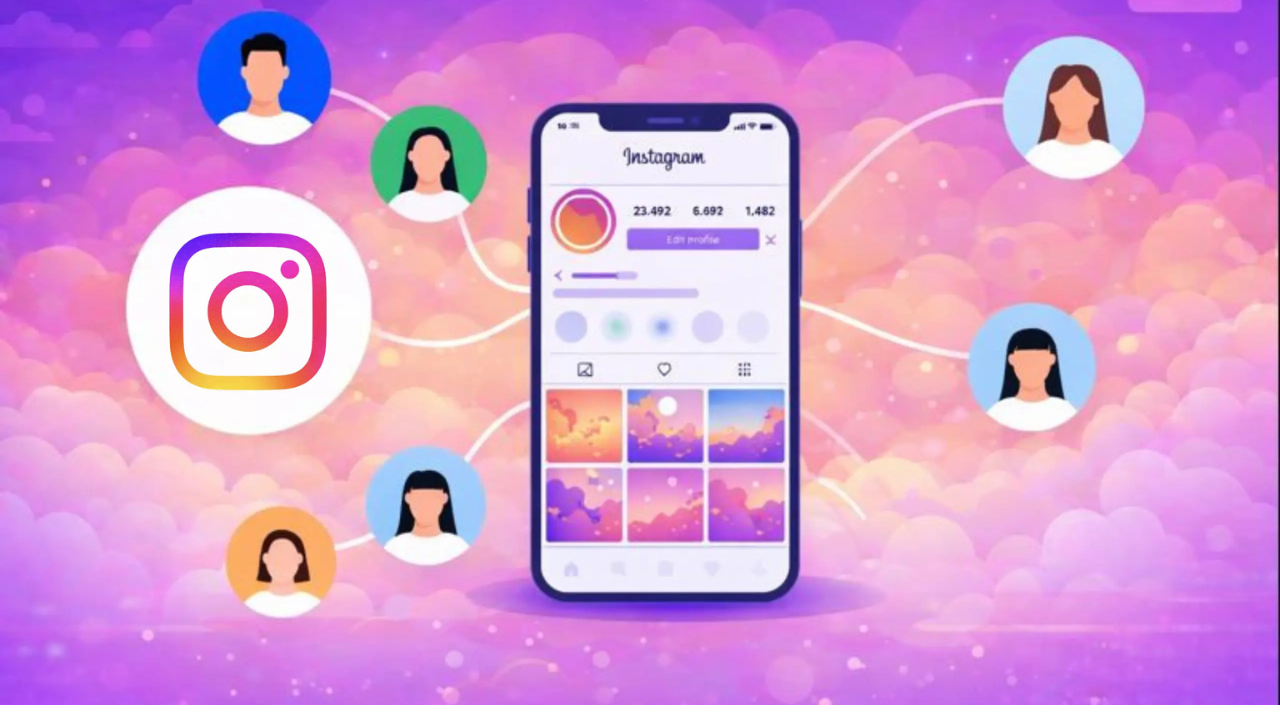 Smartphone screen shows an Instagram profile grid connected to six circular user avatars in a colorful pink‑purple sky background.