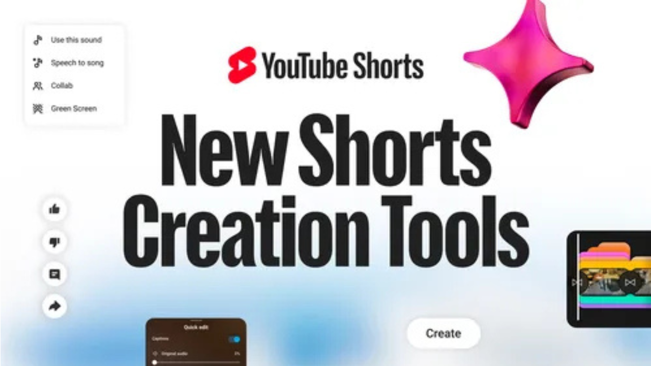 YouTube Shorts promotional banner reading'New Shorts Creation Tools' with the YouTube Shorts logo and device icons in a bright layout.