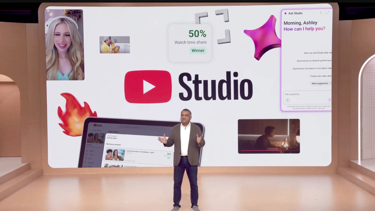 Presenter standing on a stage in front of a large screen displaying the YouTube Studio logo, with app thumbnails and UI elements suggesting a product presentation.