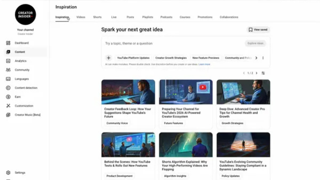 Screenshot of YouTube Creator Insider dashboard showing the'Inspiration' tab with a grid of video cards and a left navigation menu.