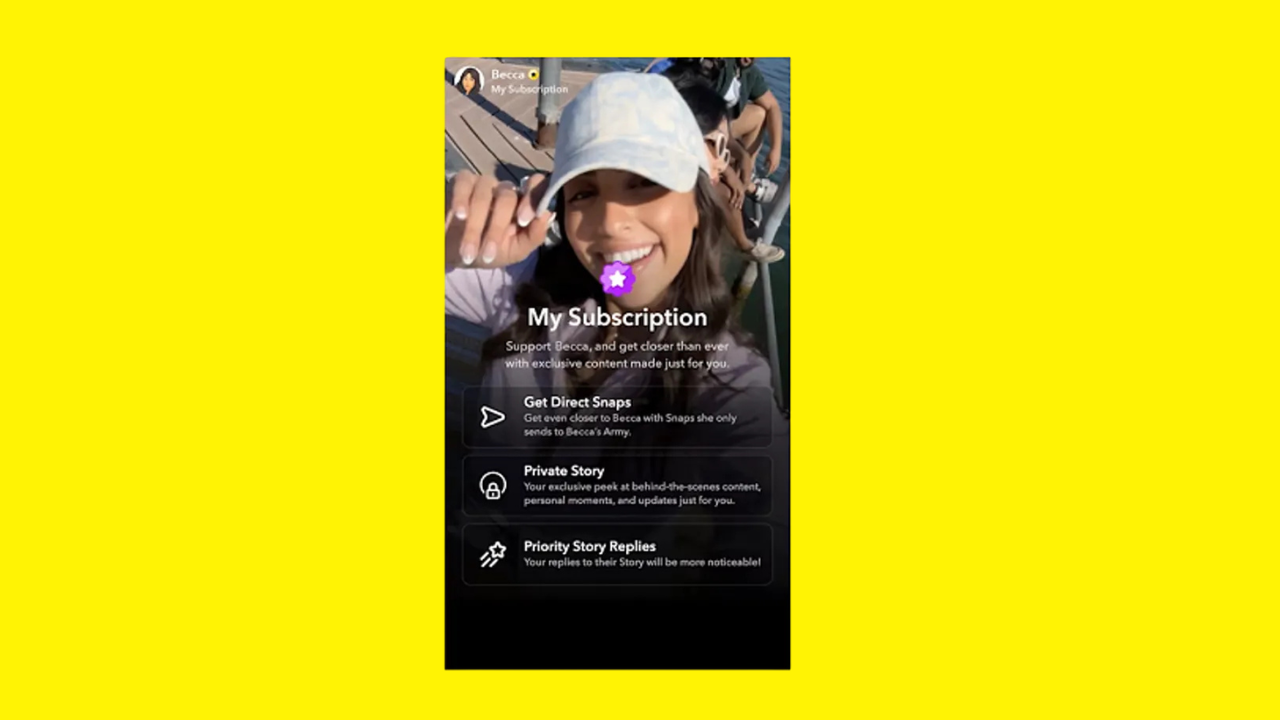 Screenshot of a phone screen promoting a subscription called'My Subscription' with a smiling person in a hat and options like Direct Snaps, Private Story, and Priority Story Replies on a dark UI.