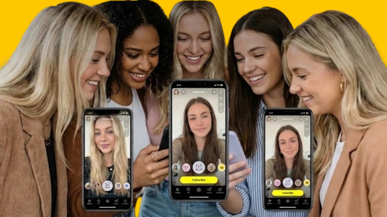 Group of diverse friends smiling while filming a live video on smartphones against a bright yellow background.