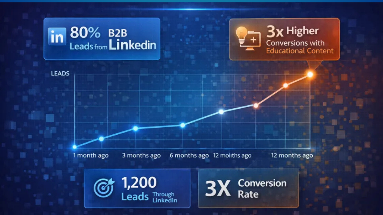 Infographic showing LinkedIn leads growth and 3x higher conversions with educational content; upward line graph and key stats: 1,200 leads and 3x conversion rate.
