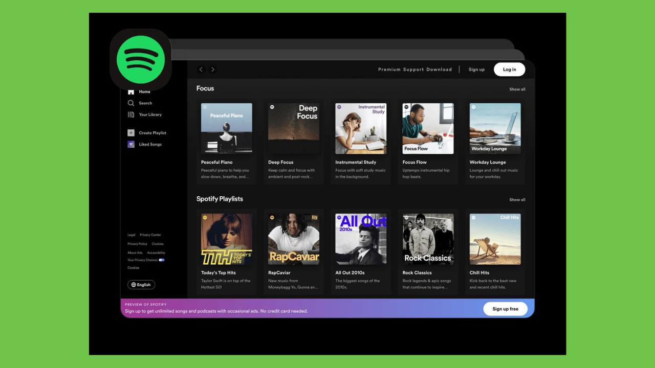 Screenshot of Spotify app interface on a dark theme, showing the Focus section with multiple playlist cards and a left navigation panel on green background.