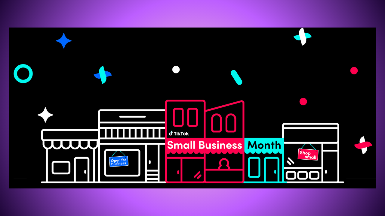 Stylized line-art illustration of small storefronts celebrating Small Business Month with bold pink and cyan accents on a black background.