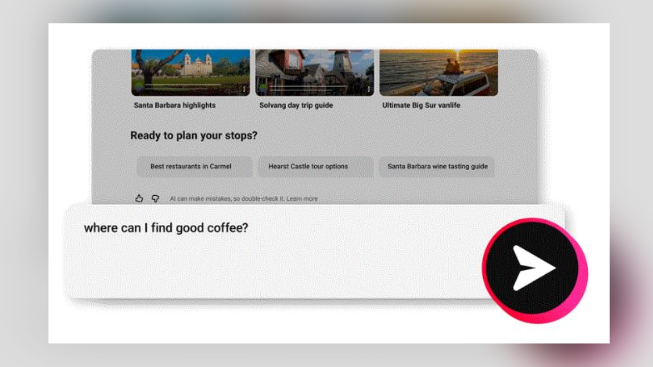 A web interface showing a search prompt:'where can I find good coffee?' on a rounded white card with a large circular play button outline on the right in black with a pink border.