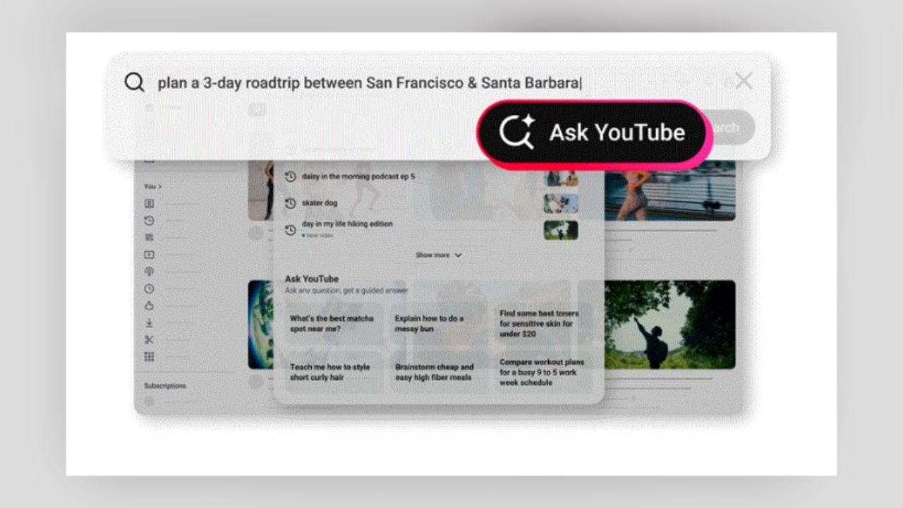 YouTube search panel with an'Ask YouTube' rounded badge overlay; blurred background video thumbnails visible in the UI.