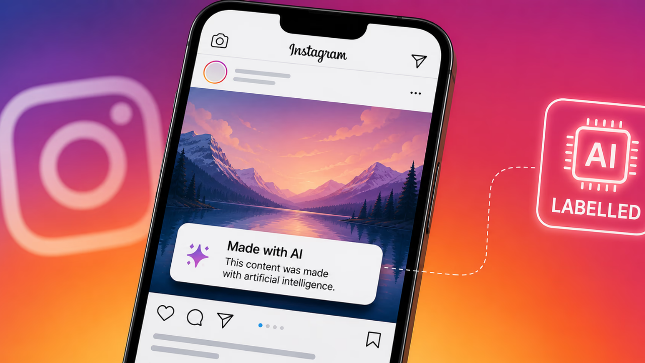 Instagram on a smartphone showing a landscape post with a badge reading'Made with AI' indicating AI-generated content.