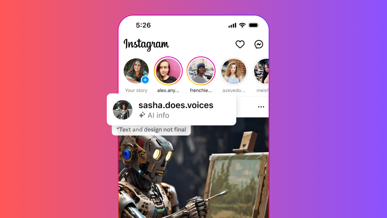 Instagram mobile mockup showing story circles at the top, a large robot artwork post, and a floating profile card'sasha.does.voices' labeled AI info.