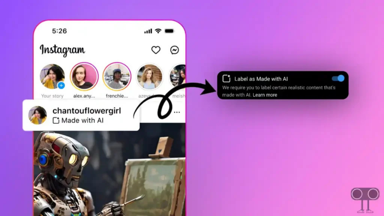 Smartphone screen showing Instagram with story circles at the top and a post labeled'Made with AI' in a speech-bubble style overlay.