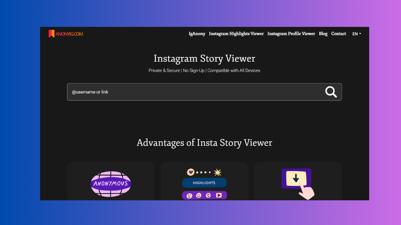 Dark homepage for a tool named Instagram Story Viewer with a large search box on a black background and top navigation links.