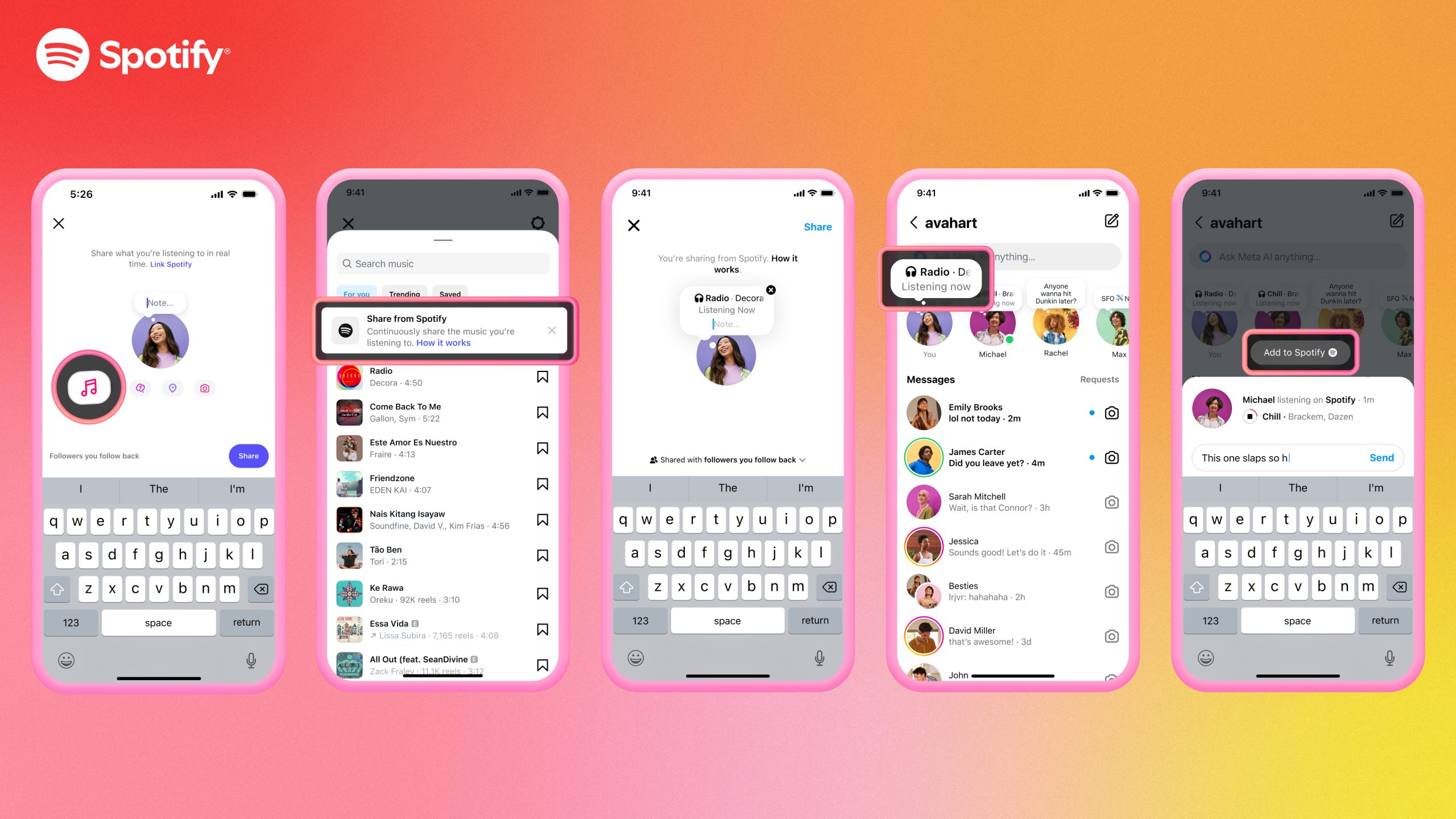 Promo collage of Spotify mobile screens on a pink-to-orange gradient, illustrating sharing, music discovery, and chat features.
