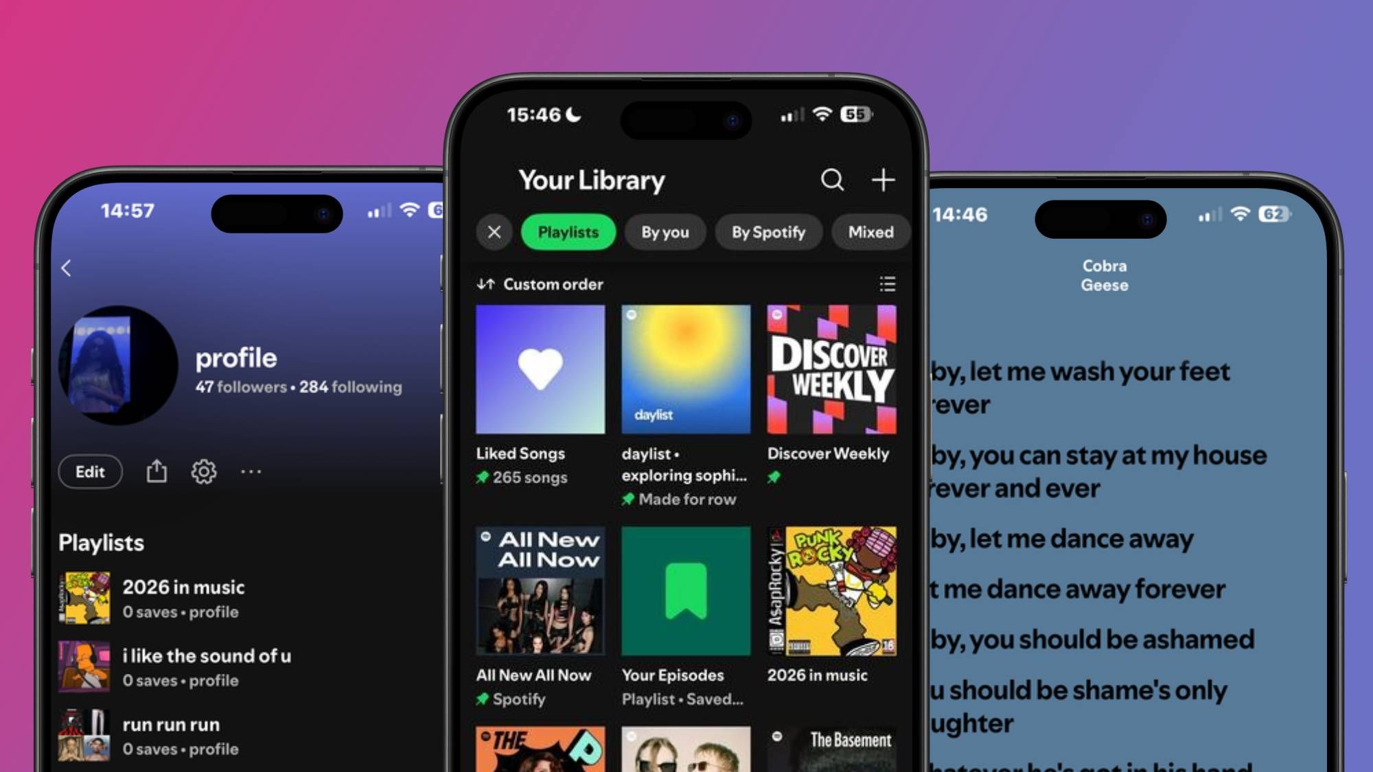 Three iPhone screens showing Spotify Your Library with Playlists on a gradient background.