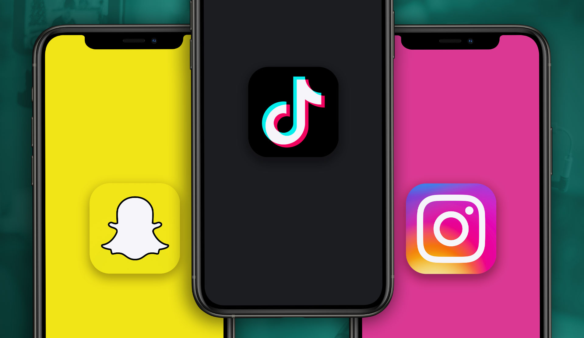 Smartphones show popular social apps: center TikTok icon, left Snapchat on yellow, right Instagram on pink panel or wallpaper off to the sides.