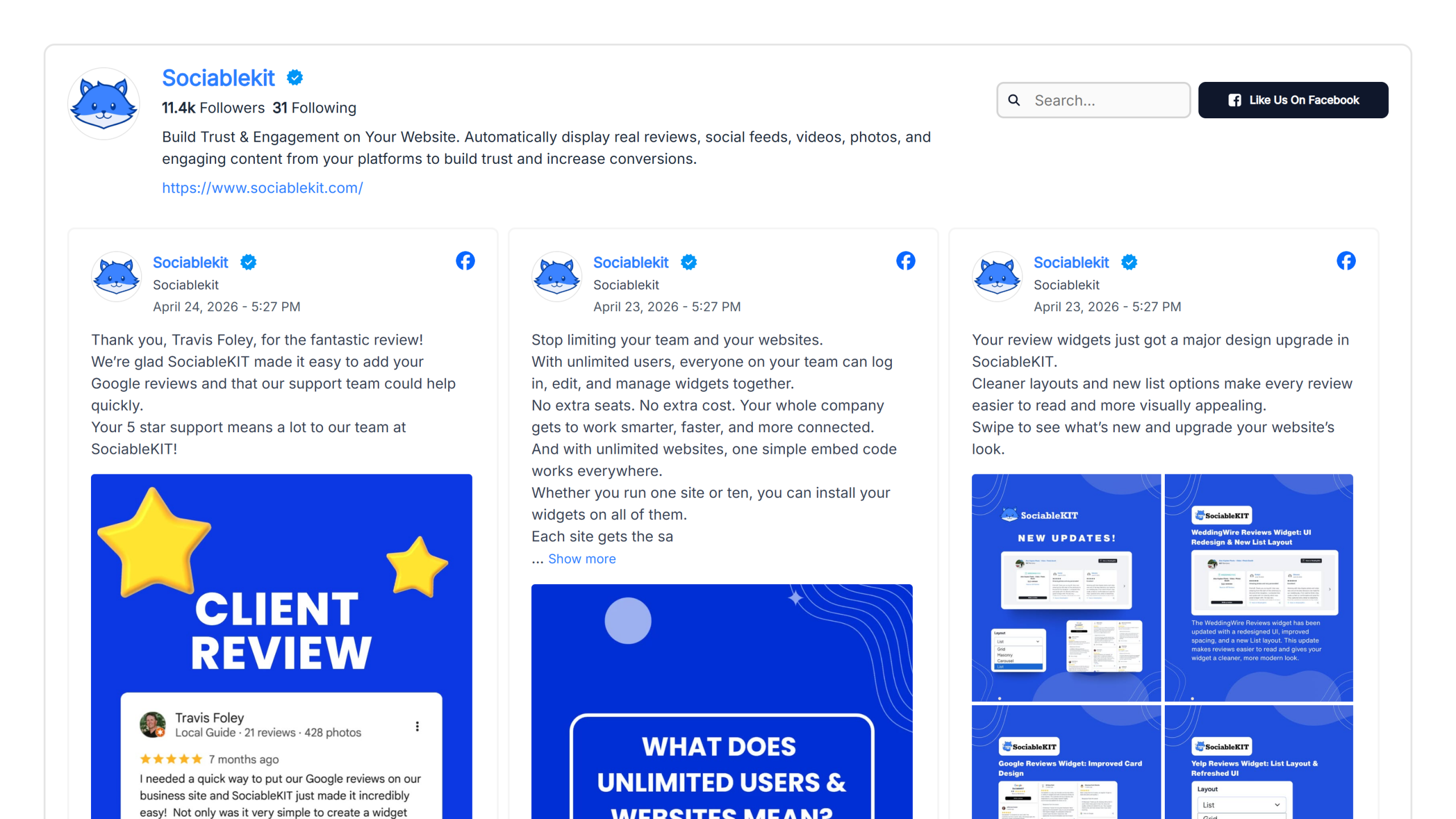 SociableKIT profile header with three post cards showing blue graphics and client reviews in a feed mockup