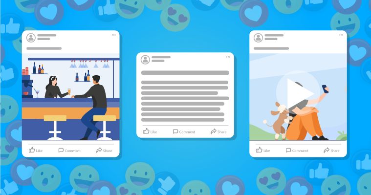 Three social media posts on a blue gradient background; left shows a bar scene, middle is a text-only update, right features a person with a megaphone, each with like/comment/share icons below.