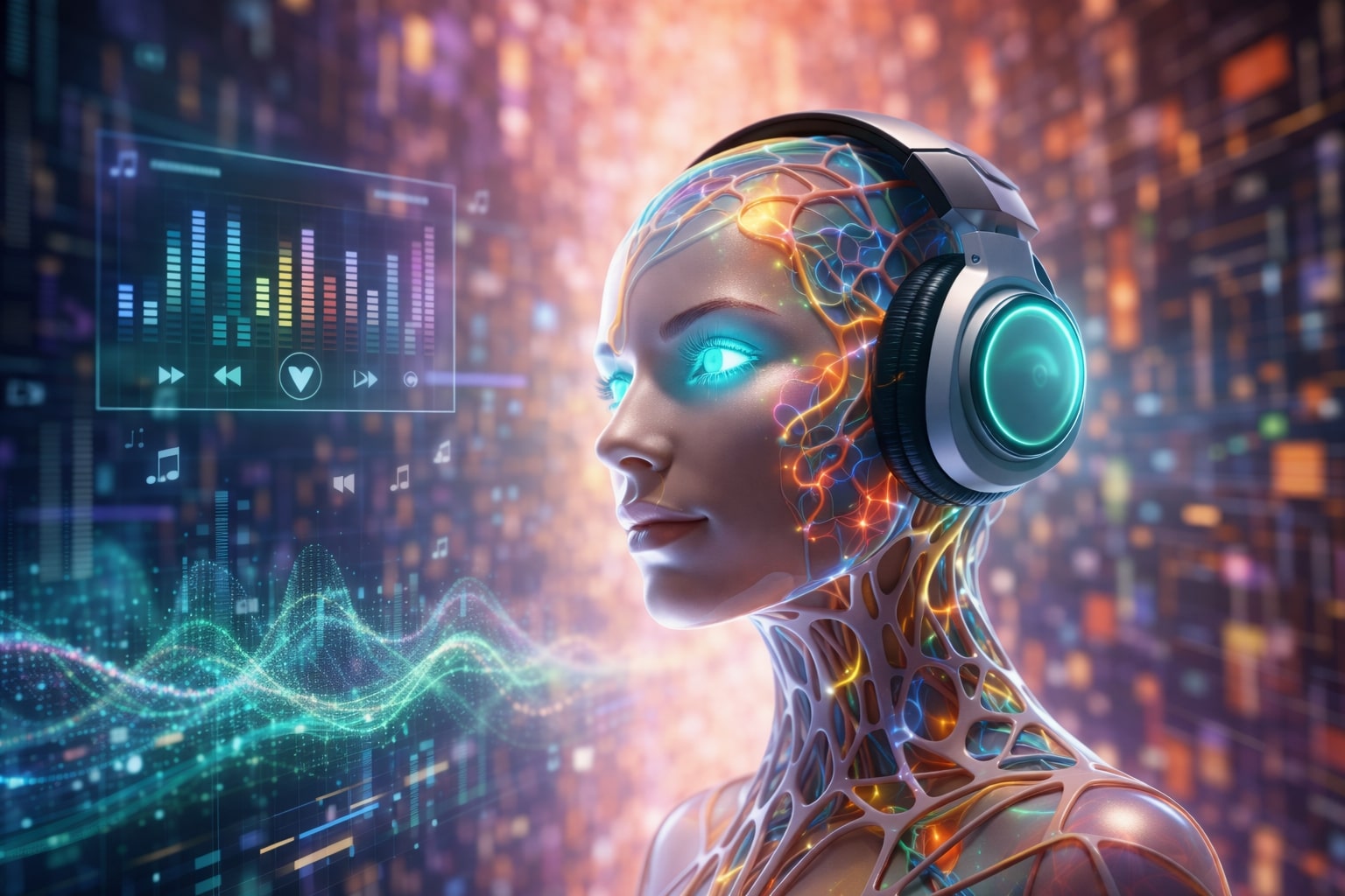 Futuristic female android with a glowing neural network in the head, wearing large neon headphones amid digital music visuals.