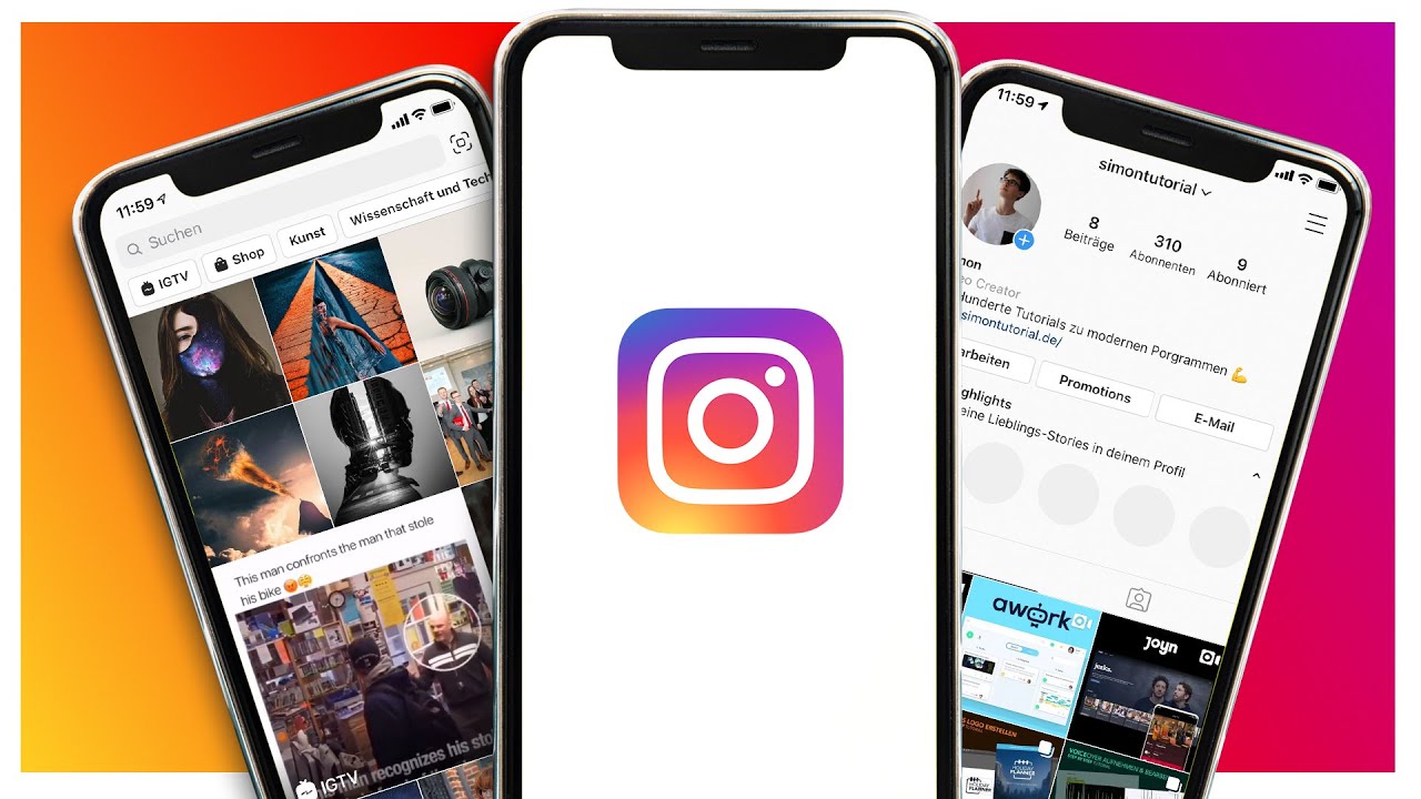Instagram app logo centered on white, with two smartphones showing the feed and profile against an orange-pink gradient background.