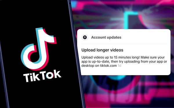 TikTok logo on a smartphone screen with a notification about uploading longer videos up to 15 minutes.
