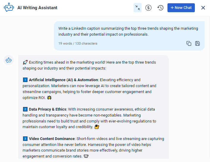 Screenshot of AI Writing Assistant chat showing three trends: AI & Automation, Data Privacy & Ethics, and Video Content Dominance.